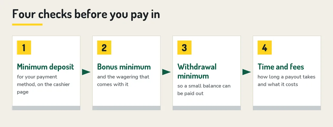 Four numbered steps: minimum deposit, bonus minimum, withdrawal minimum, time and fees Four numbered steps: minimum deposit, bonus minimum, withdrawal minimum, time and fees