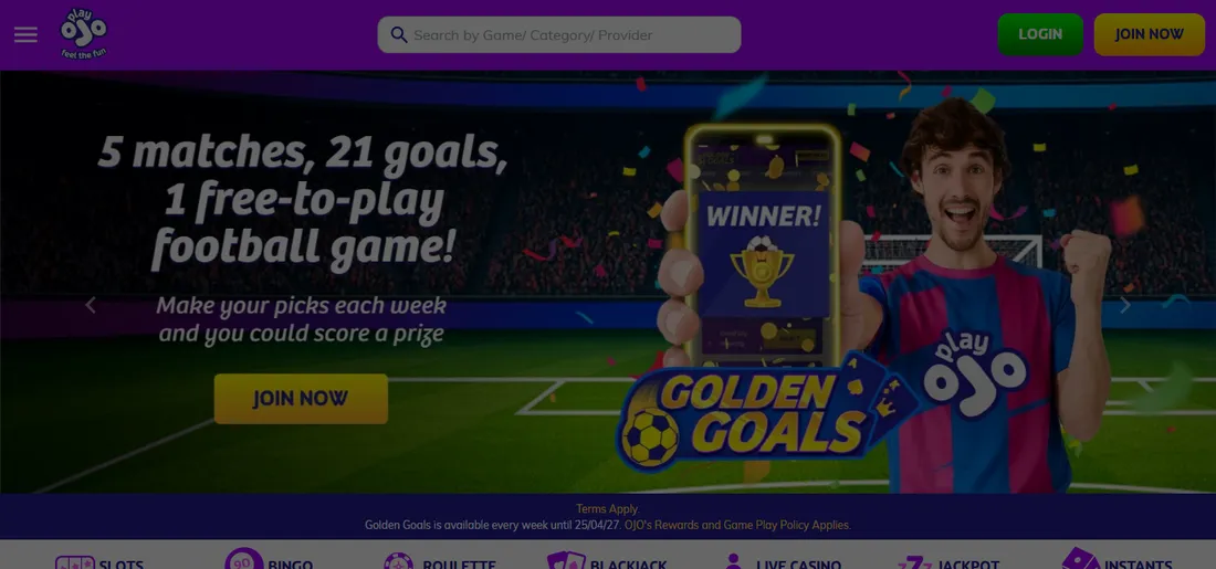 PlayOJO home page with the Golden Goals football prediction banner and the game category bar: slots, bingo, roulette, blackjack, live casino PlayOJO home page with the Golden Goals football prediction banner and the game category bar: slots, bingo, roulette, blackjack, live casino