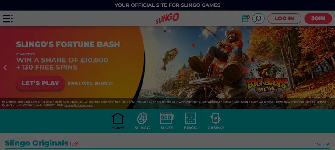 Slingo home page with the Fortune Bash banner: chance to win a share of £10,000 plus 130 free spins, first deposit minimum £10