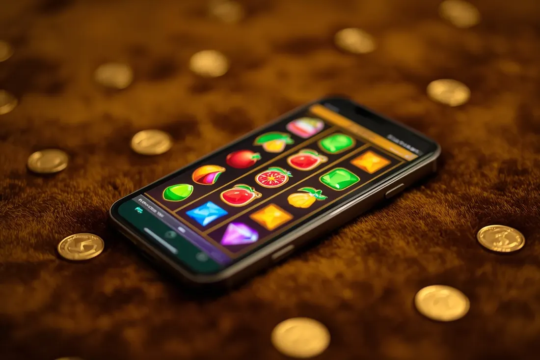 Phone showing an online slot with fruit and gem symbols Phone showing an online slot with fruit and gem symbols