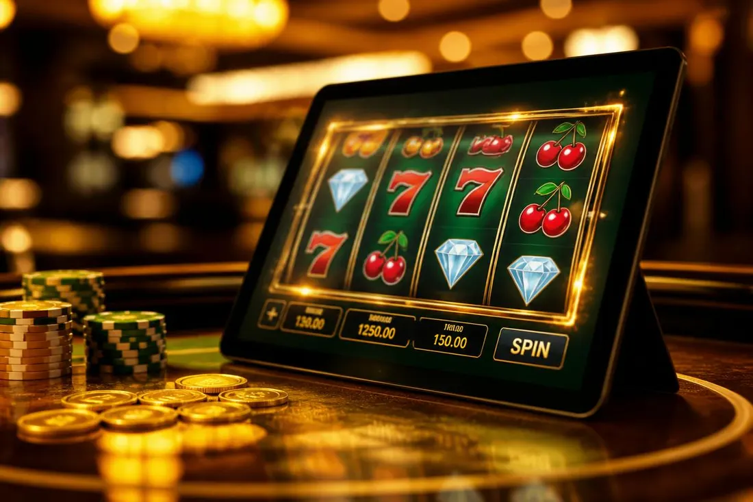 Tablet with an online slot game on the screen
