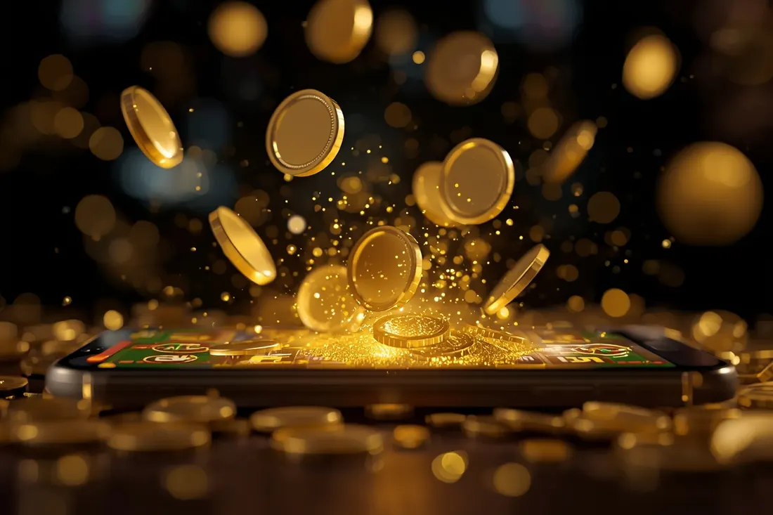 Gold coins bursting out of a phone with a slot game