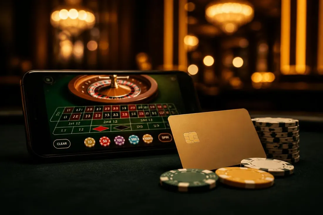 Phone with a casino game, bank card and chips