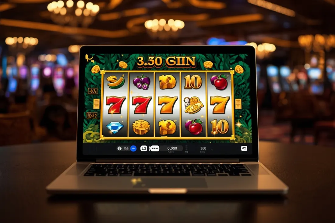 Laptop showing an online slot game mid-spin