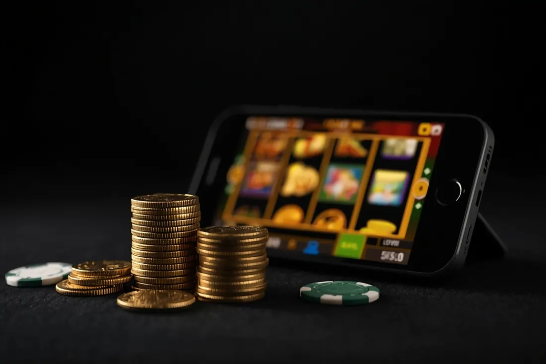 Gold coins stacked next to a phone with slot reels Gold coins stacked next to a phone with slot reels