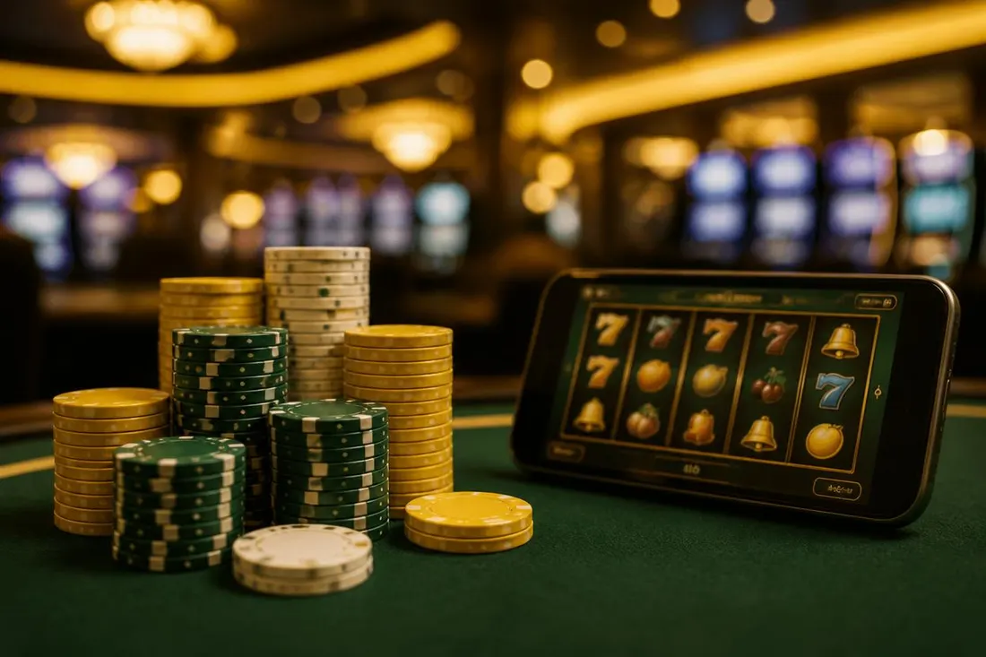 Casino chips stacked next to a phone with a slot game Casino chips stacked next to a phone with a slot game